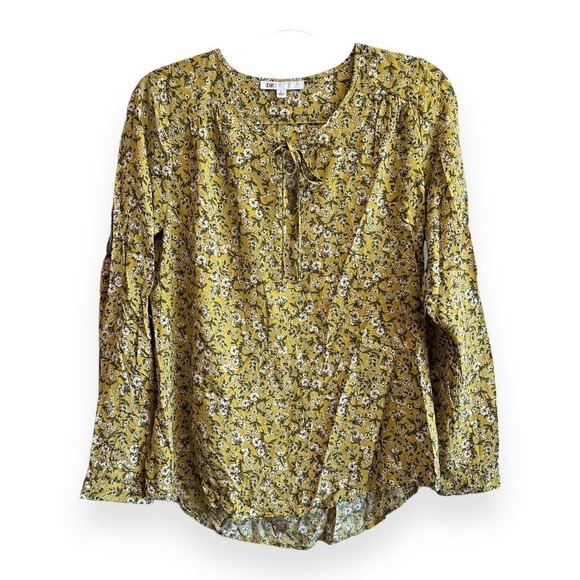 DR2 Yellow Tie Neck Lightweight Floral Blouse Size Small - Picture 1 of 9